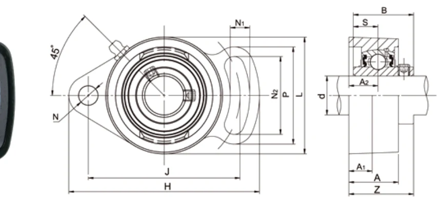 UCFA200 adjustable flange dimensional drawing H J A2 A1 A N N1 N2 L P B S Z slot dimensions specifications