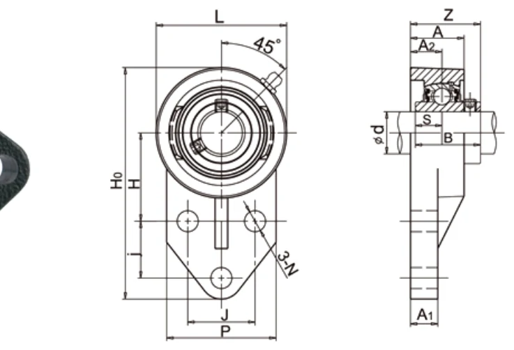 UCFB200 3-bolt flange dimensional drawing H0 H J j A2 A1 A N L P B S Z specifications