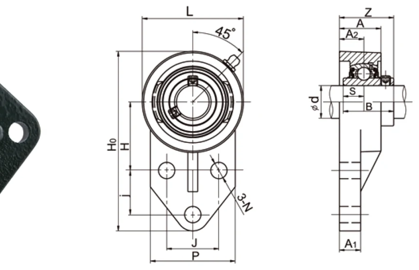 UCFB200A inch-based 3-bolt flange bracket dimensional drawing inch fraction dimensions