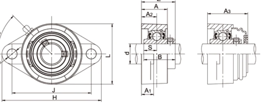 UCFL200 2-bolt oval flange dimensional drawing H J A2 A1 A N L B S Z A3 specifications