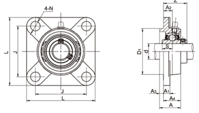 UCFS300 piloted 4-bolt flange dimensional drawing L J H H1 D1 N S Z pilot specifications