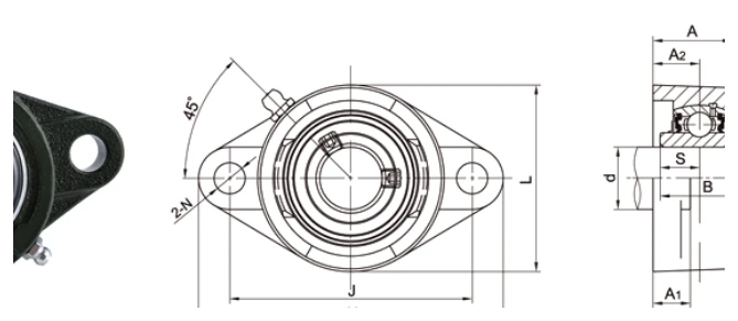 UCFT200 inch housing 2-bolt oval flange dimensional drawing H J A2 A1 A N L B S Z specifications
