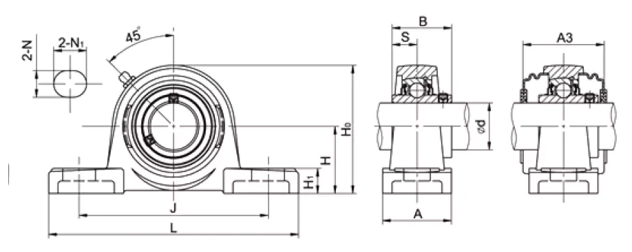 UCP200 pillow block bearing dimensional drawing H L J A N specifications