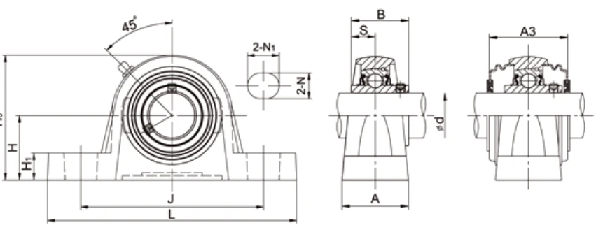 UCPE200 solid base pillow block dimensional drawing H L J A solid base specifications