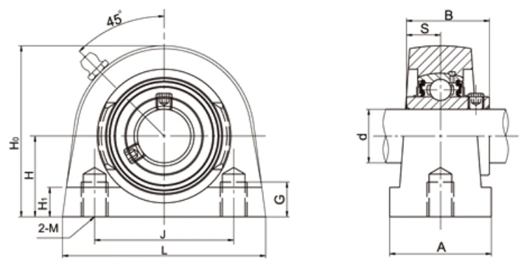 UCPG200 G-type tapped base pillow block dimensional drawing H L J M G thread specifications