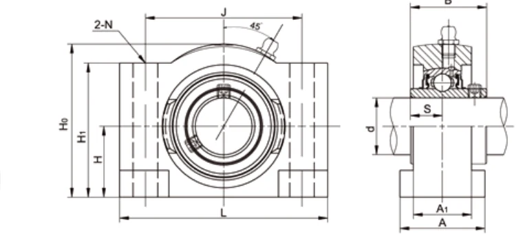UCSB200 wide slot pillow block dimensional drawing H L J A A1 specifications