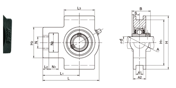 UCST200 wider slot take-up bearing dimensional drawing N1 L2 H2 N2 N L3 A1 H1 H L A A2 L1 B S specifications
