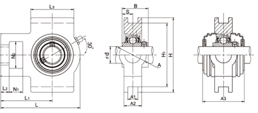 UCT200 take-up bearing dimensional drawing N1 L2 H2 N2 N L3 A1 H1 H L A A2 L1 B S A3 specifications