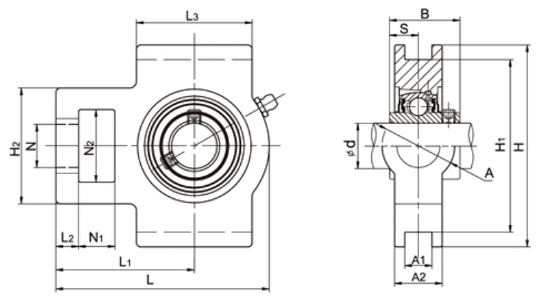UCT300 heavy duty take-up bearing dimensional drawing N1 L2 H2 N2 N L3 A1 H1 H L A A2 L1 B S specifications