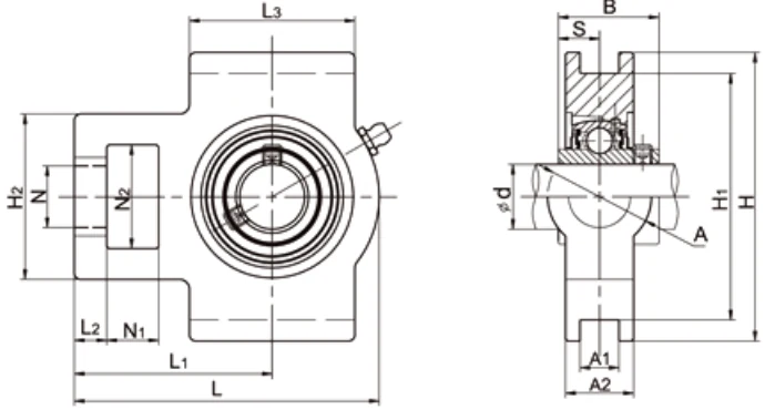 UCTX00 medium duty take-up bearing dimensional drawing N1 L2 H2 N2 N L3 A1 H1 H L A A2 L1 B S specifications