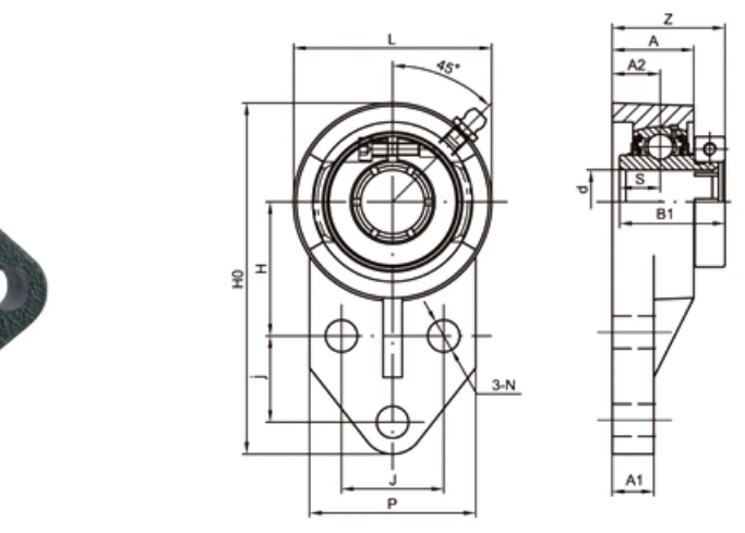 UEFB200 3-bolt bracket dimensional drawing H0 H J j A2 A1 A N L P B1 S Z concentric collar