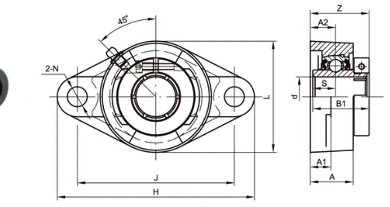 UEFT200 inch housing 2-bolt oval flange dimensional drawing H J A2 A1 A N L B1 S Z concentric collar specifications