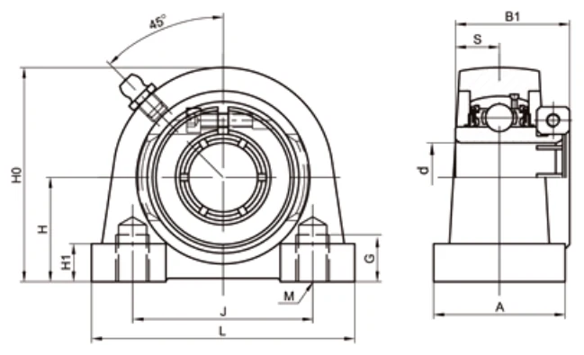UEPA200 tapped base concentric collar pillow block dimensional drawing H L J G B1 specifications