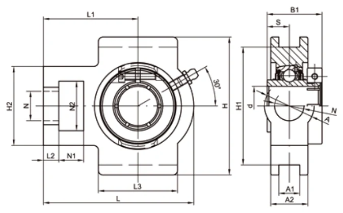 UET200 take-up bearing dimensional drawing N1 L2 H2 N2 N L3 A1 H1 H L A A2 L1 B1 S specifications